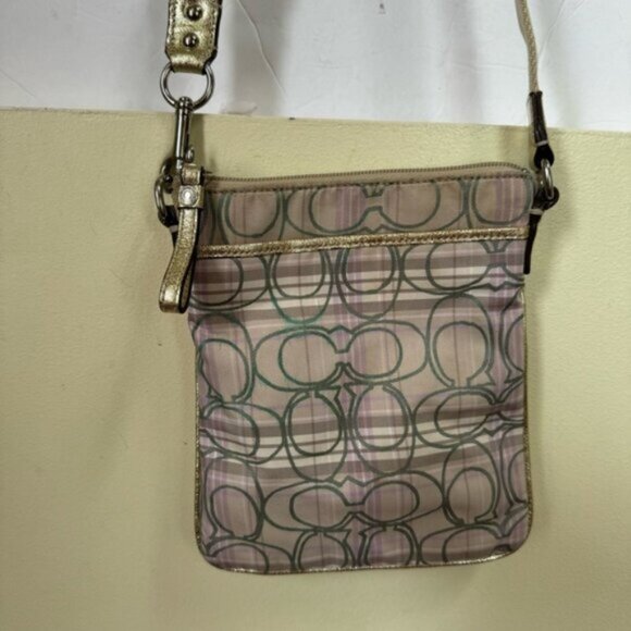 Coach CC Small Crossbody Shoulder Bag Fabric Check Metallic Leather Zip Pocket - Picture 9 of 16